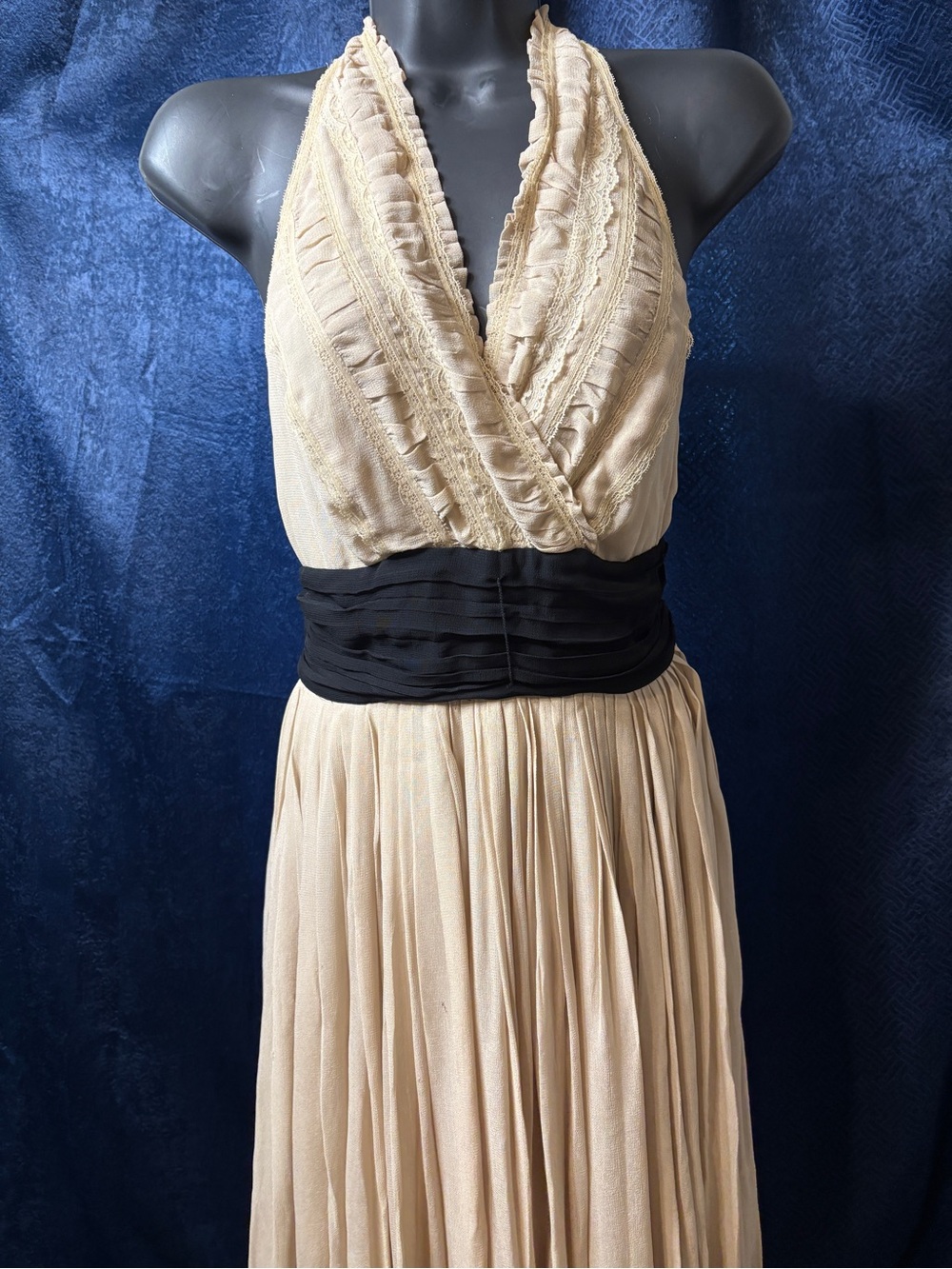 Elegant Cream Halter Pleated Maxi Dress with Black Waistband
